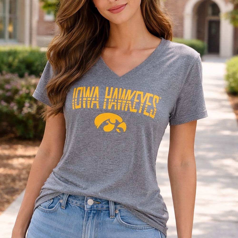 NEW Knights Apparel Gray V-Neck Tee with Yellow Iowa Hawkeyes Logo